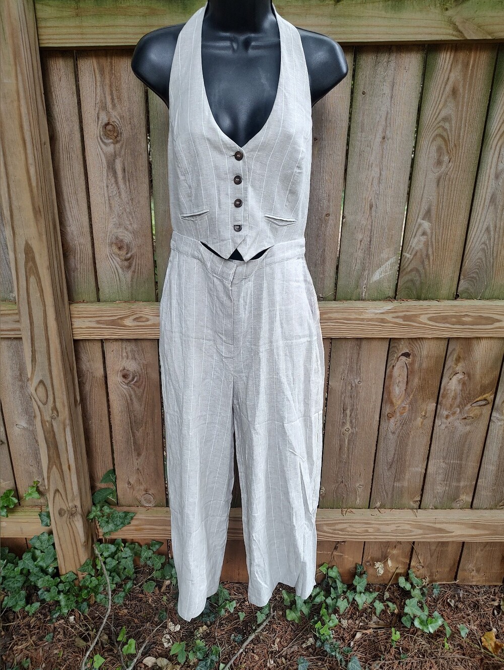 🏵️ Zara Halter Neck Linen Viscose Striped Button Front Wide Leg Jumpsuit NWT Sm